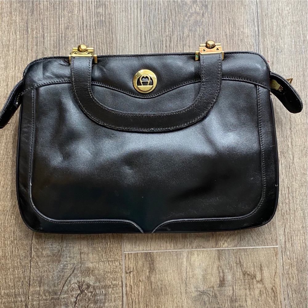 Etienne Aigner Vintage Black Leather Top Handle Satchel Gold Hardware Bag